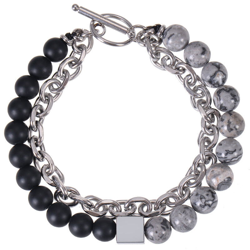 Men's Stainless Steel Square Black Magnet Beaded Bracelet