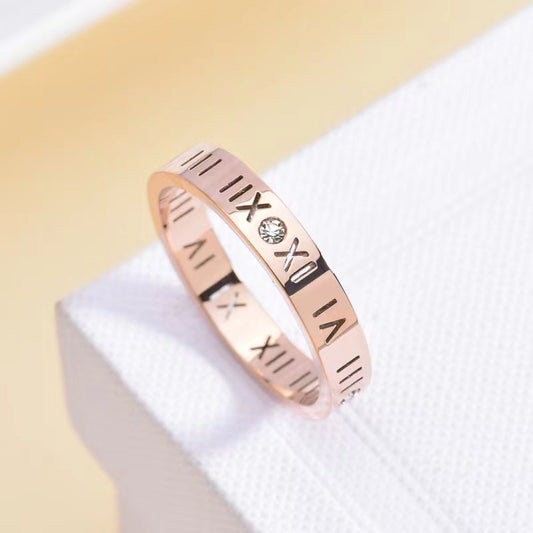 Women's & Men's Titanium Steel Diamonds With Roman Numbers Rings
