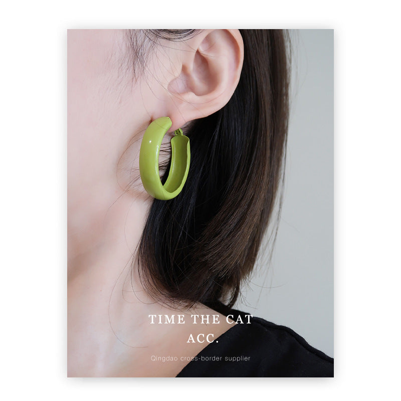 Sier Needle Style Avocado Green Graceful Geometric Big Circle Daily Stud Earrings
