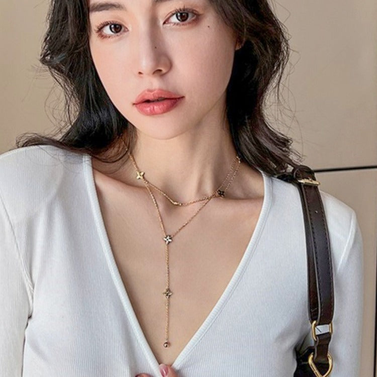 Women's Steel Tassel Chain Cruciate Flower Clavicle Necklaces