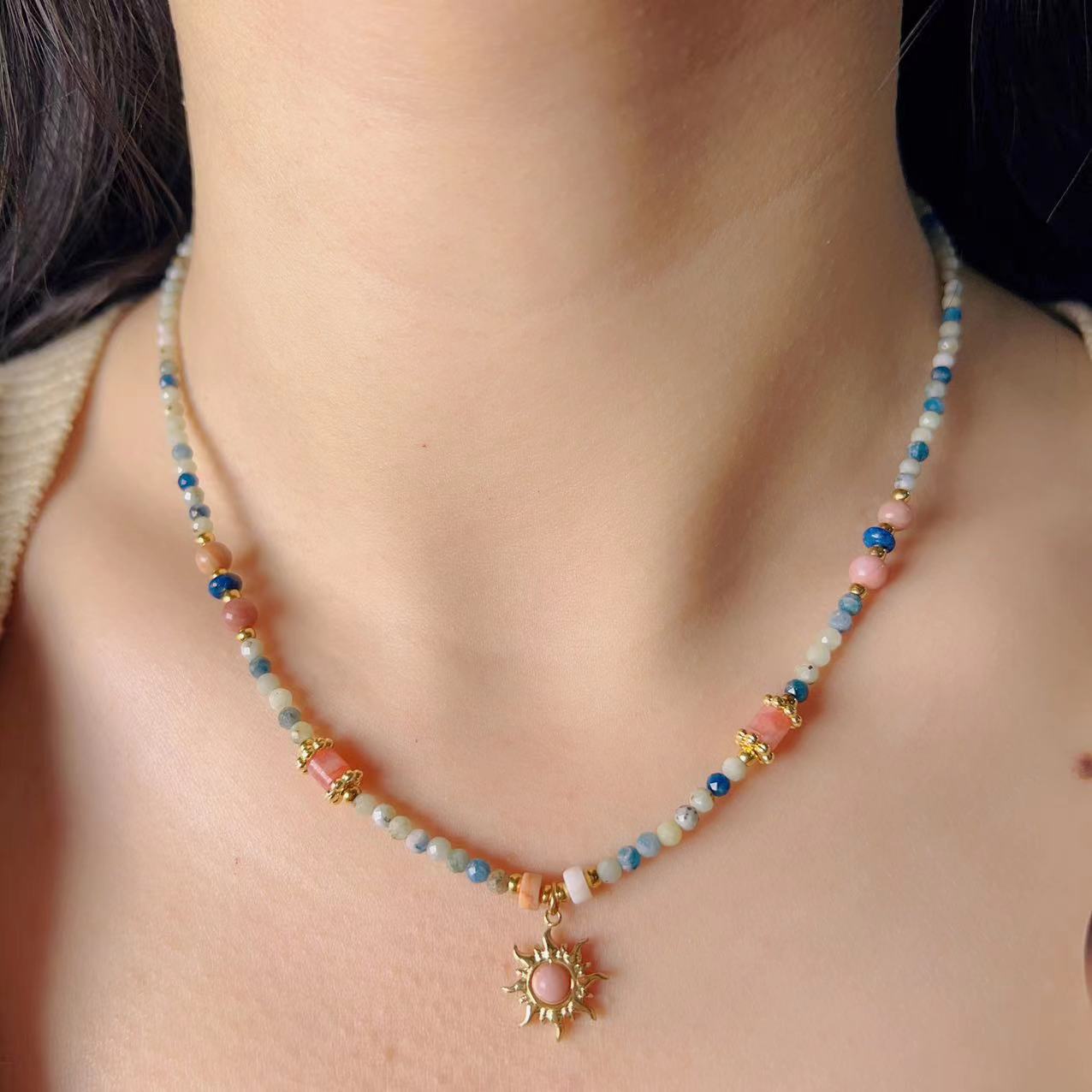 Women's Rhodochrosite Small Sun Natural Stone Beaded Exquisite Sweet Necklace