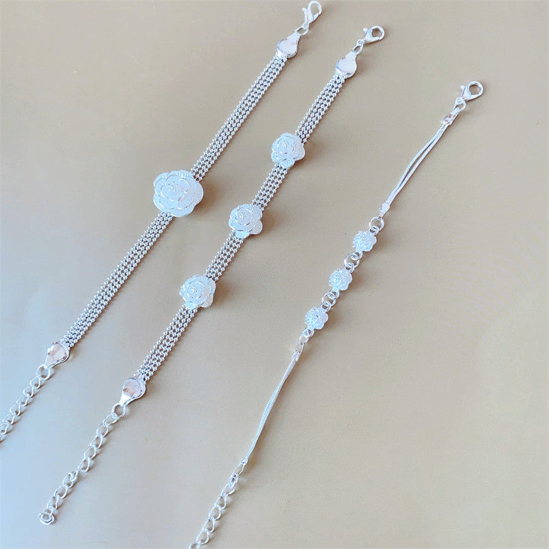 Vintage Sweater Chain Long Rose Flower Brushed Sier Plated Tourist Jewelry Set