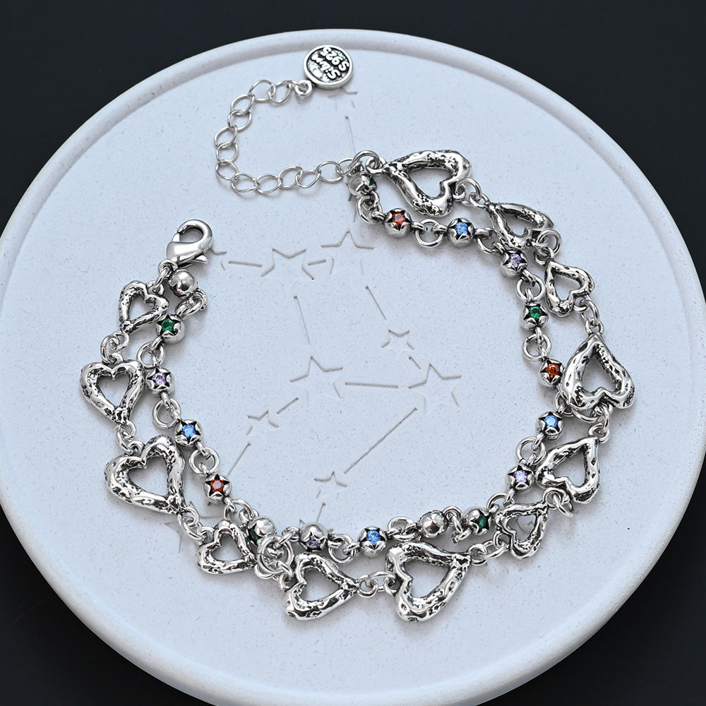 Retro Colorful Zircon Five-pointed Star Heart Niche Temperament Double Layer Bracelets