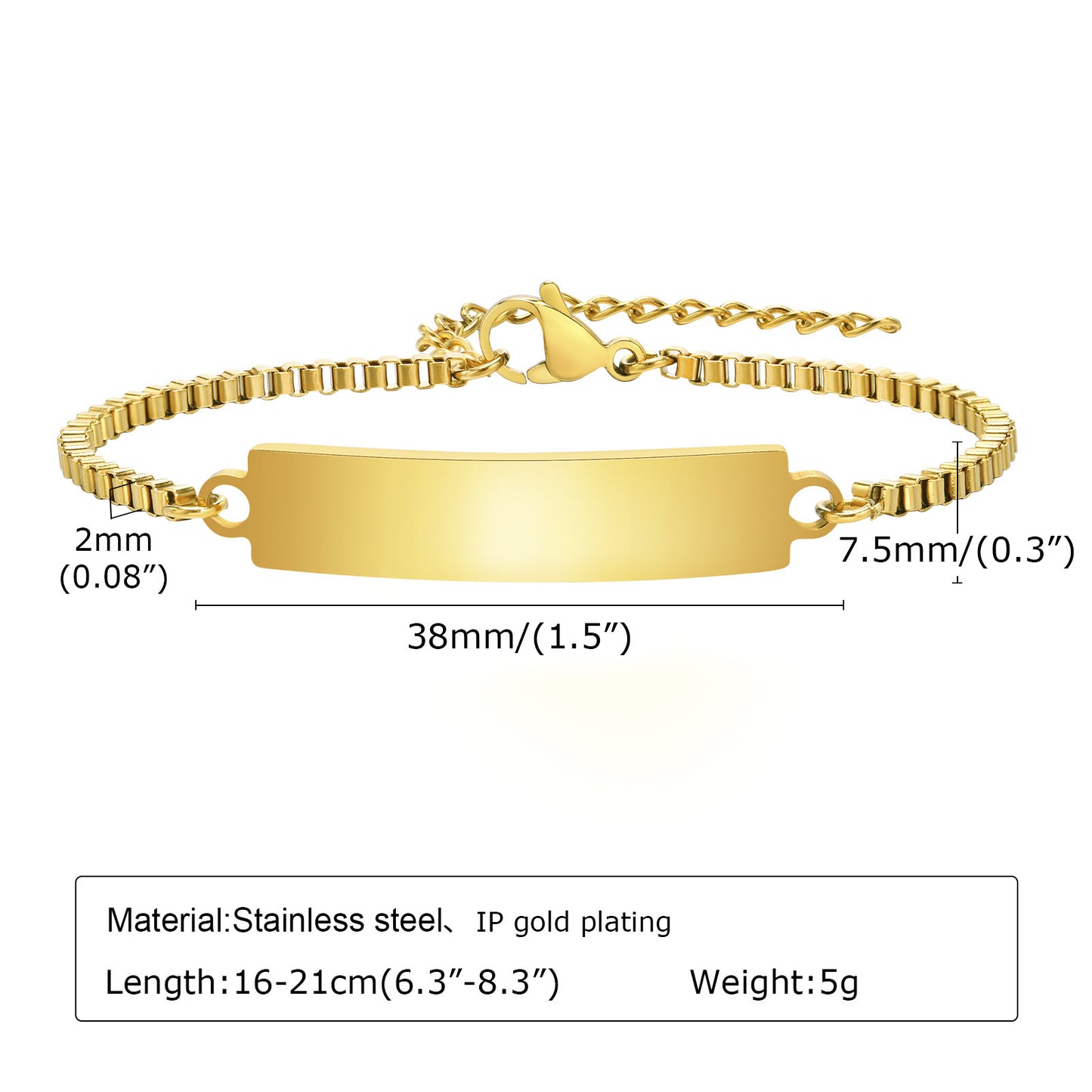 Women's Stainless Steel Curved Box Chain Gold Bracelets