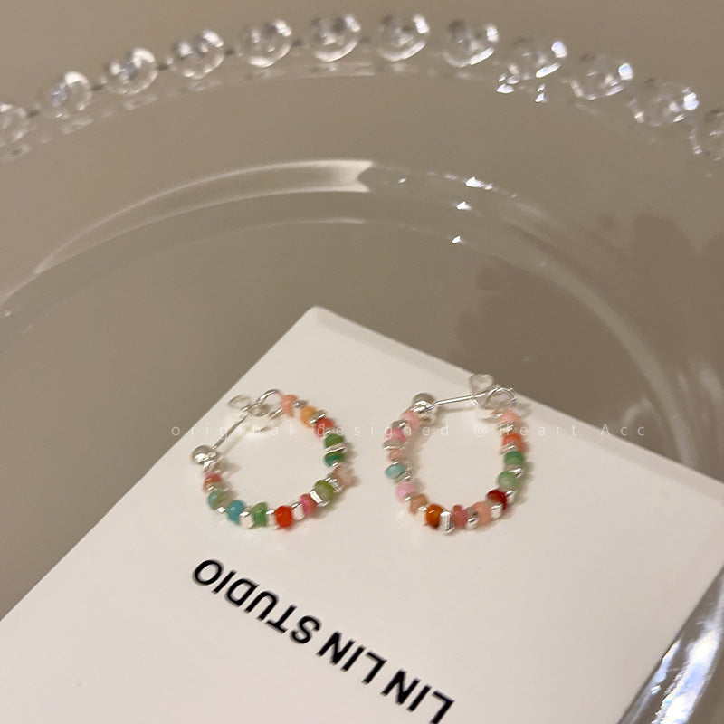 Dopamine Colorful Beaded Sier Female Light Luxury Earrings