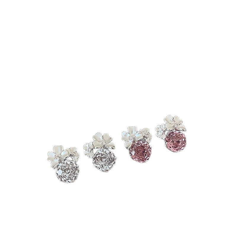 Women's Simple High-grade White Drop Oil Three-dimensional Petals Zircon Light Luxury Earrings