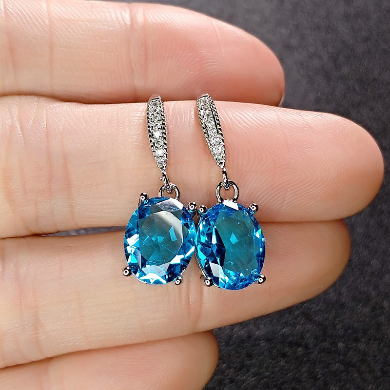 Aquamarine Stone Temperament Egg-shaped Sapphire Inlaid Ear Hook