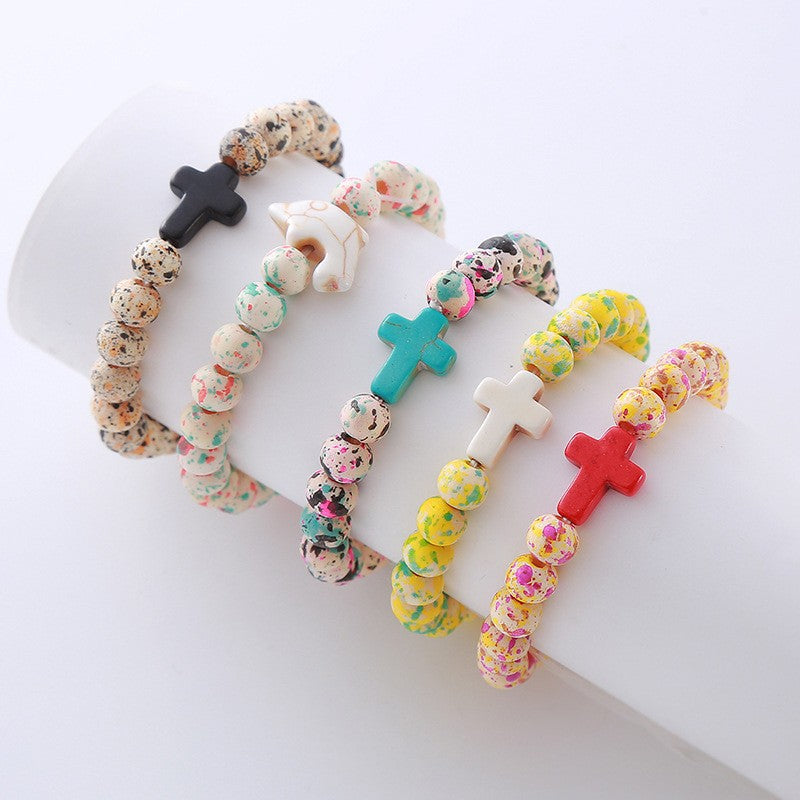 Women's Hand Cross Color Wooden Bead Beaded Bracelet