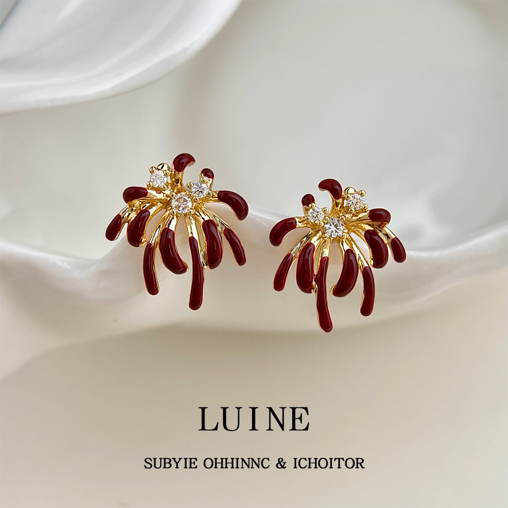 Enamel Drip Glazed Wine Red Fashion High Sense Sier Stud Earrings