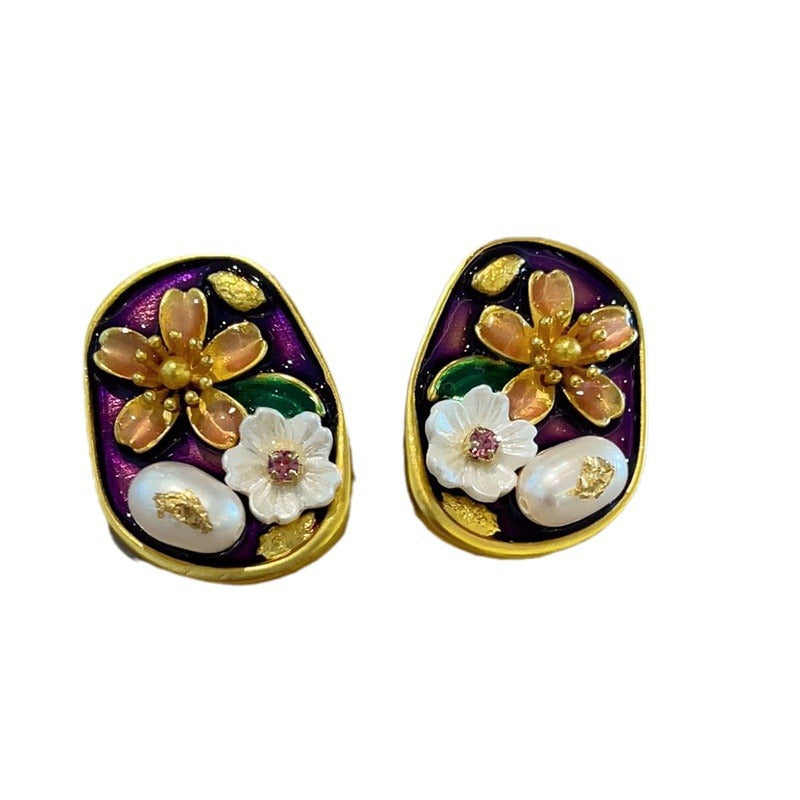 Jardin Monet Oil Painting Freshwater Pearl Flower Chinese Earrings