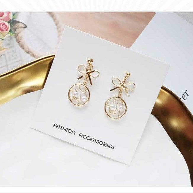 Sier Needle Dream Catcher Super Fairy Temperament Bow Earrings