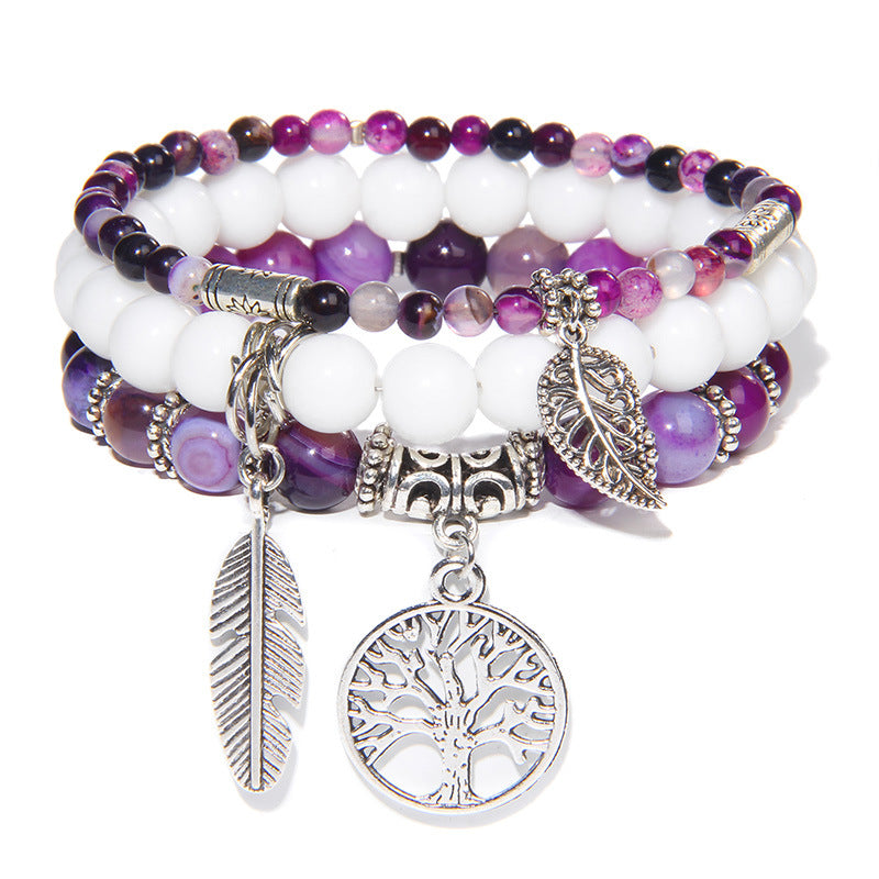 Women's Stone Bead Three-piece Tree Of Life Feather Vintage Bracelets