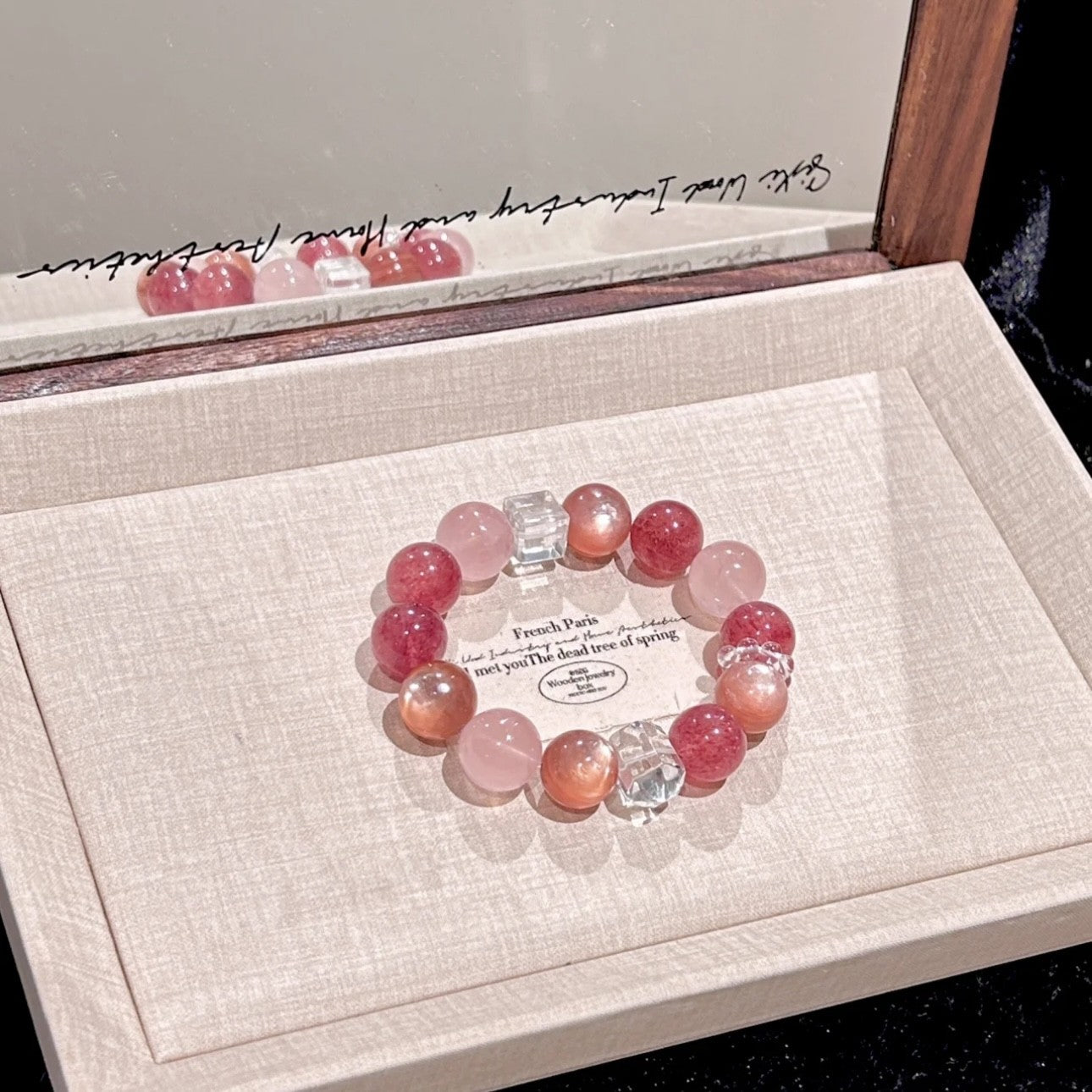 Blossom Natural Crystal Strawberry Pink White Square Bracelet