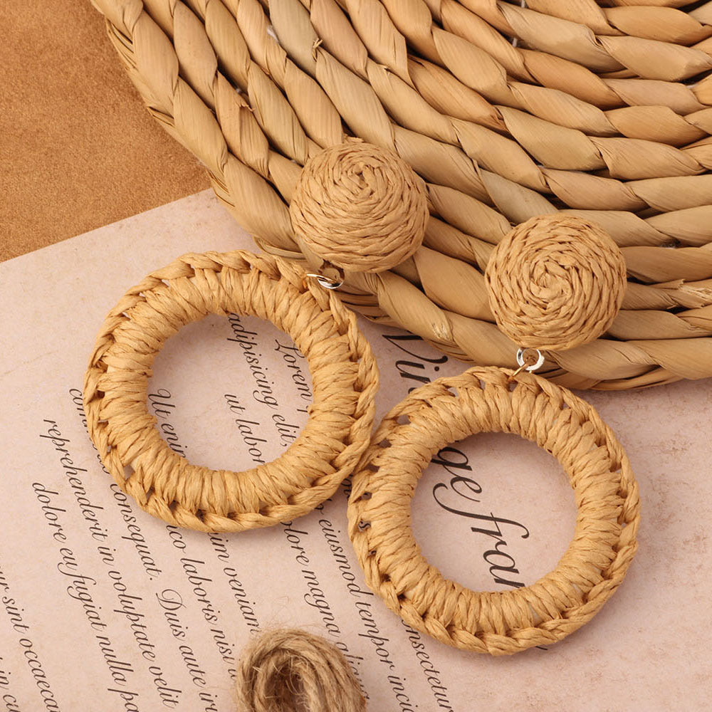 Retro Beach Vacation Bohemian Grass Rattan Woven Female Temperament Long Earrings