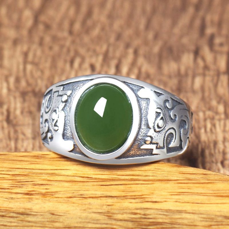 Men's Marcasite Imitation Jade Sier-plated Retro Emerald Rings