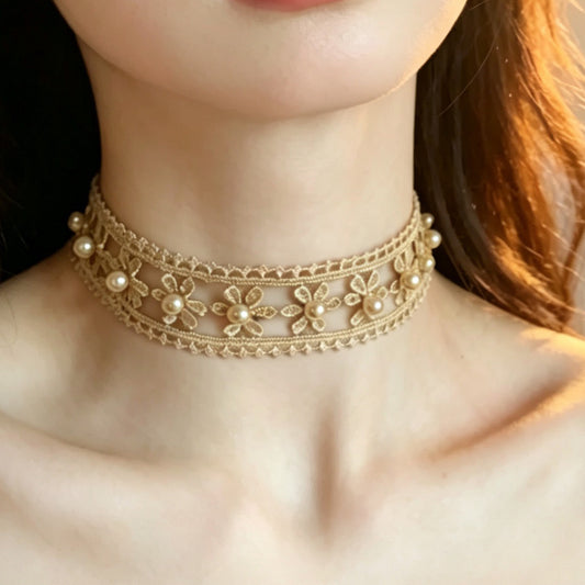 Women's Gold Thread Vintage Golden Hollow Flower Lace Bead Holiday Necklace