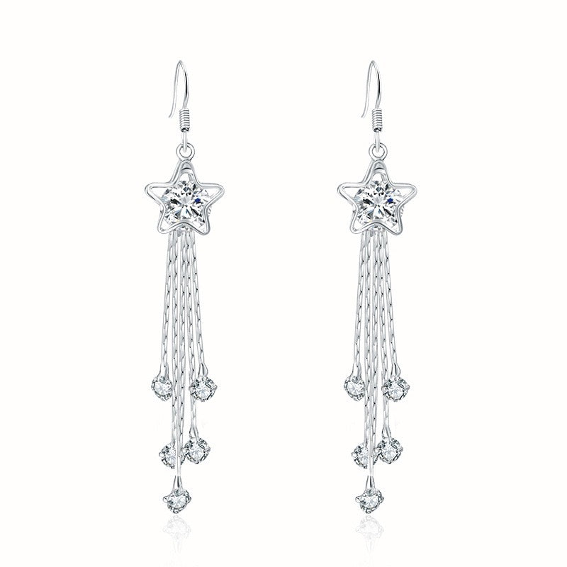 Women's Sier Needle Pentagram Tassel Graceful Long Earrings