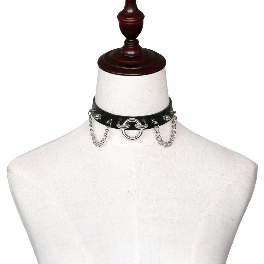 New Punk Leather Rivet Chain Clavicle Rings
