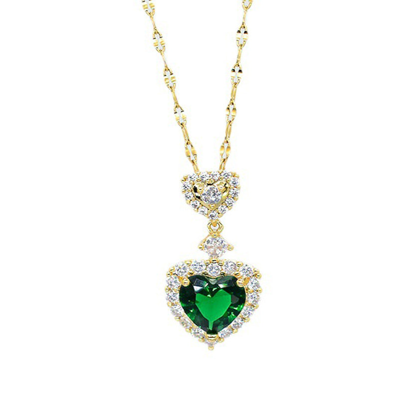 Women's Green Zircon Inlaid Design High-grade Love Titanium Steel No Necklace