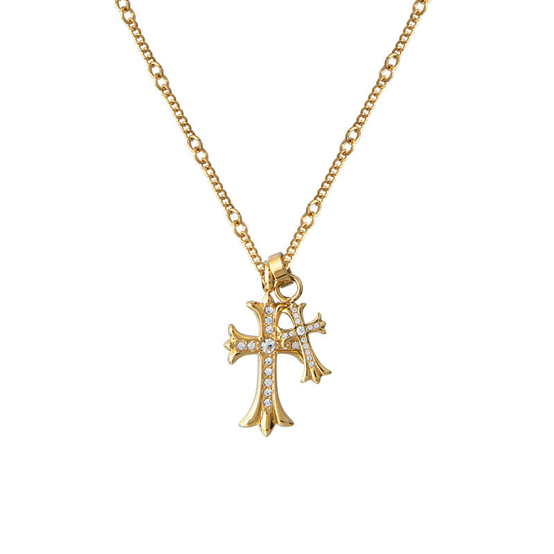Double Cross Gold Full Diamond Vintage Bamboo Necklaces