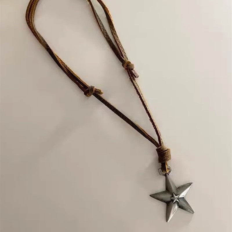 Style Hand-woven Five-pointed Star Cowhide Adjustable Necklaces