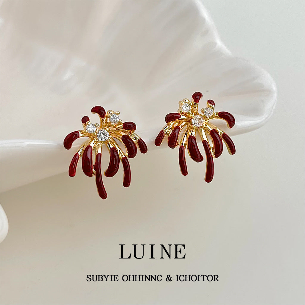 Enamel Drip Glazed Wine Red Fashion High Sense Sier Stud Earrings
