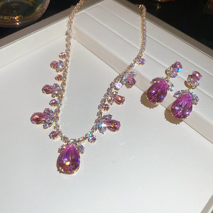 Style Gold Pink Zircon Sweet Elegant Graceful Light Luxury Jewelry Set