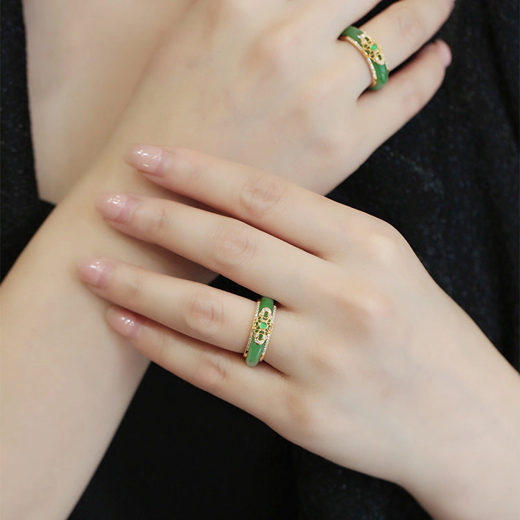 Women's Green Jade High-grade Sier Chalcedony Adjustable Ring