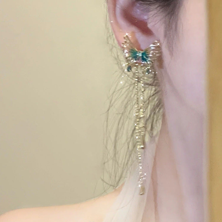 Chinese Retro Green Butterfly Tassel Electroplated Sier Needle Stud Earrings