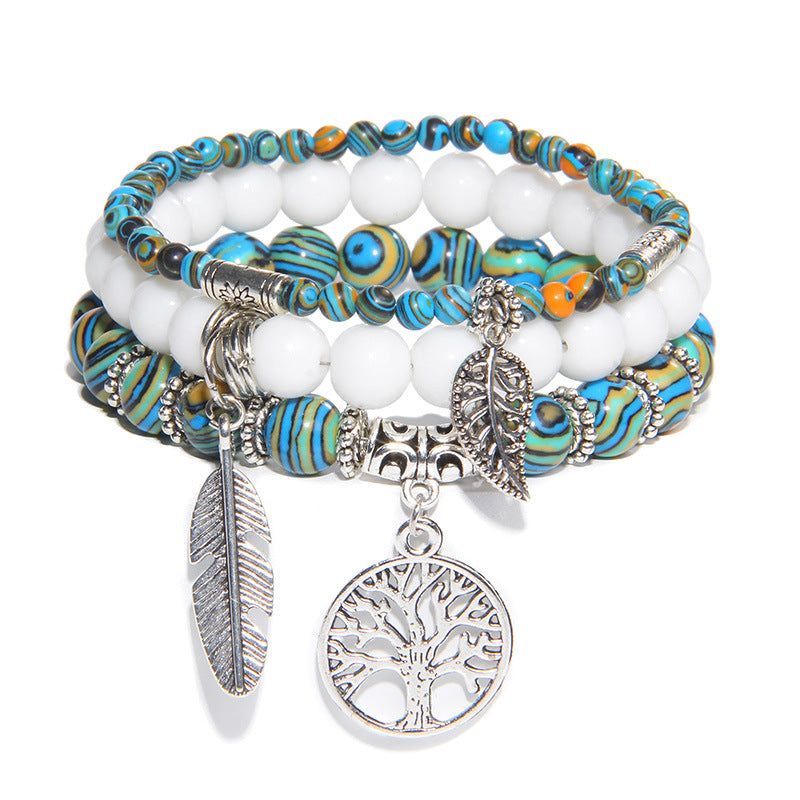 Women's Stone Bead Three-piece Tree Of Life Feather Vintage Bracelets