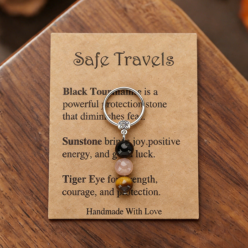 Stone Beaded Key Chain Handmade Tigereye Three Beads Combination Rings