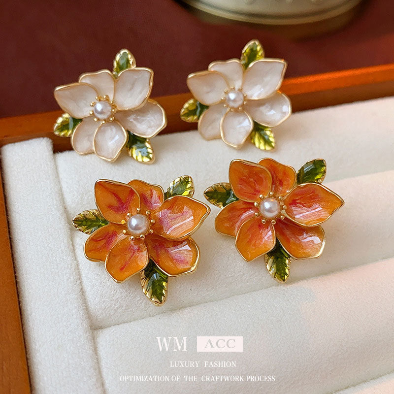Sier Needle Drop Oil Flower Pearl French Artistic Retro Rings