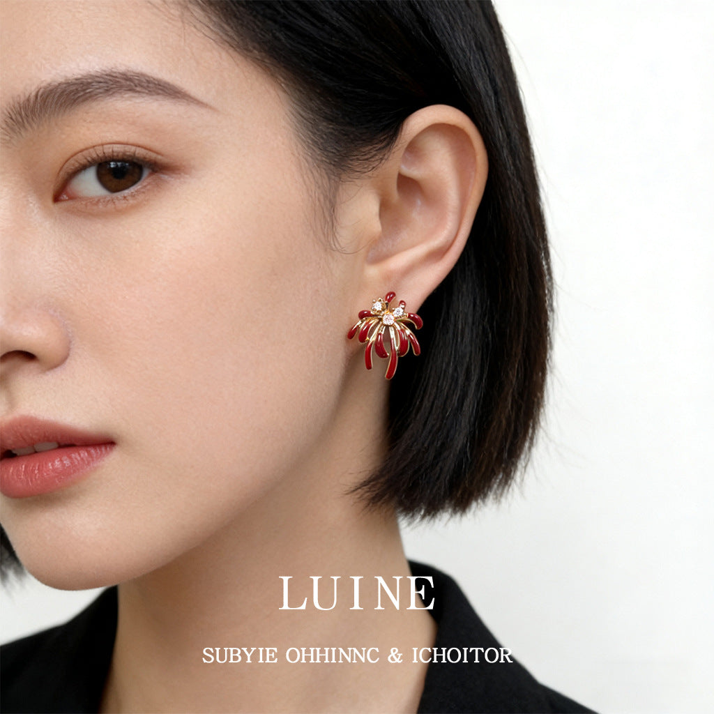 Enamel Drip Glazed Wine Red Fashion High Sense Sier Stud Earrings