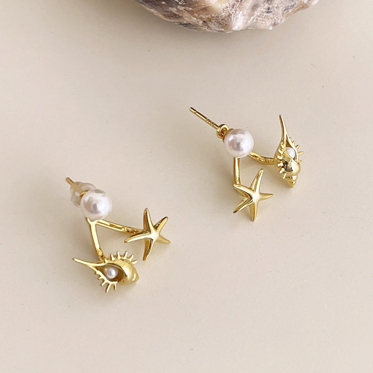 Women's Sier Pearl Unique Niche Starfish Conch Design Earrings