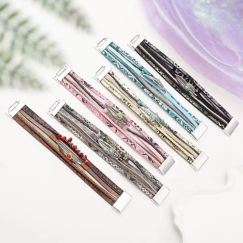 Women's Bohemian Style Gravel Feather Leather For Bracelet