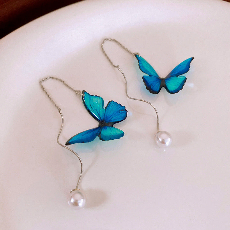 Blue Crystal Butterfly Flower Fashion Simple Fresh Light Luxury High Earrings