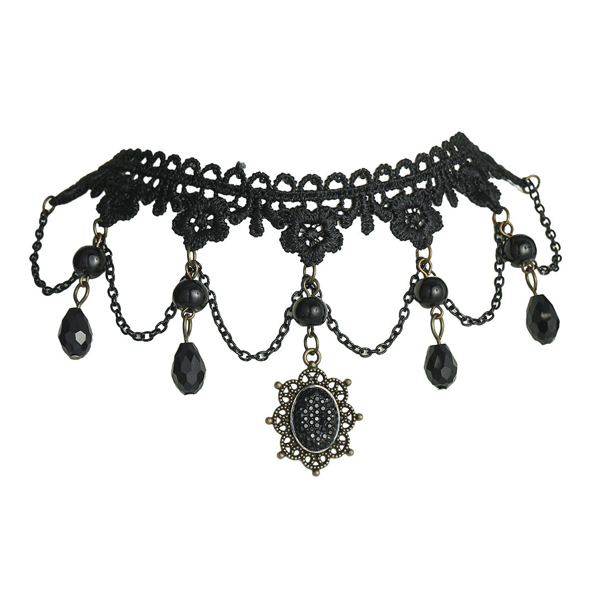 Women's Ornament Vintage Lace For Exaggerated Personalized Black Crystal Necklaces