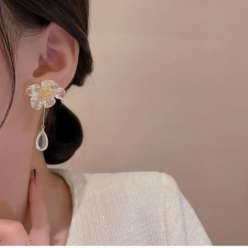 Women's Mori Style Transparent Flower Tassel Water Drop Earrings