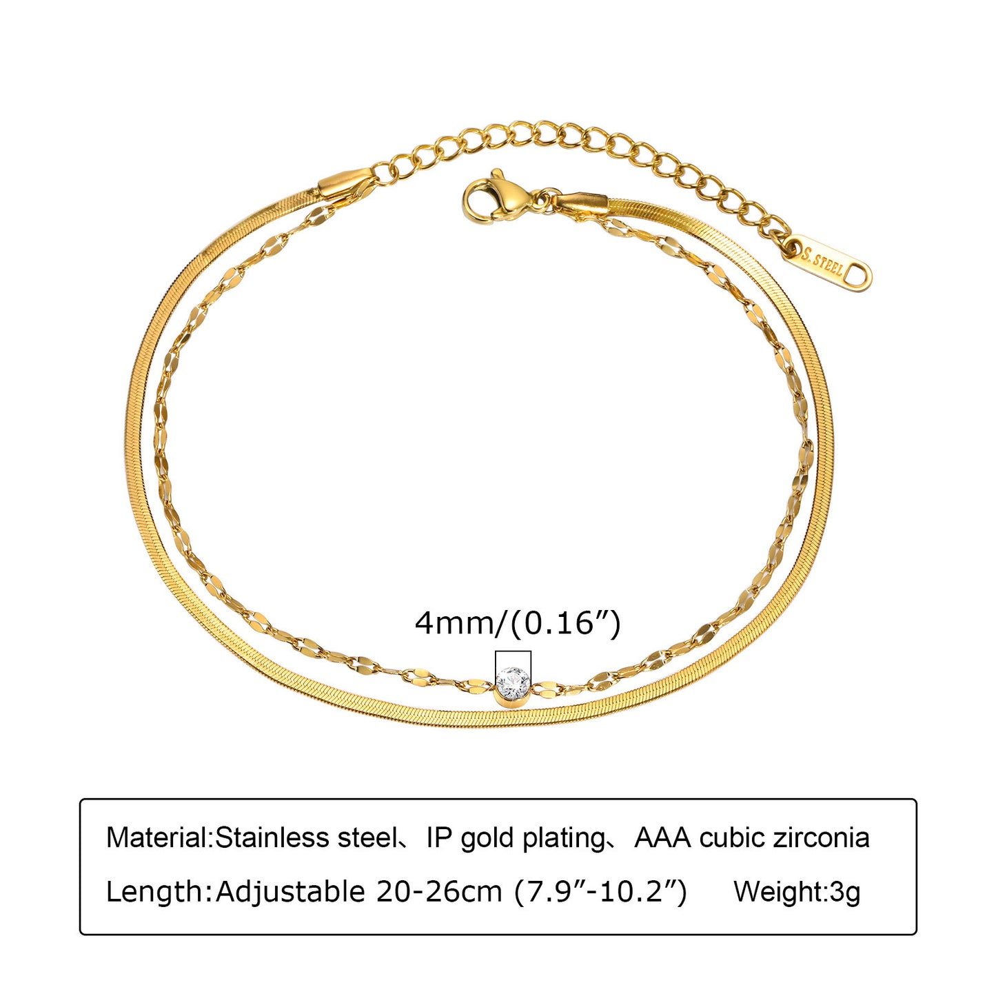 Women's Steel Zircon Gold Wafer Chain Partition Bracelets