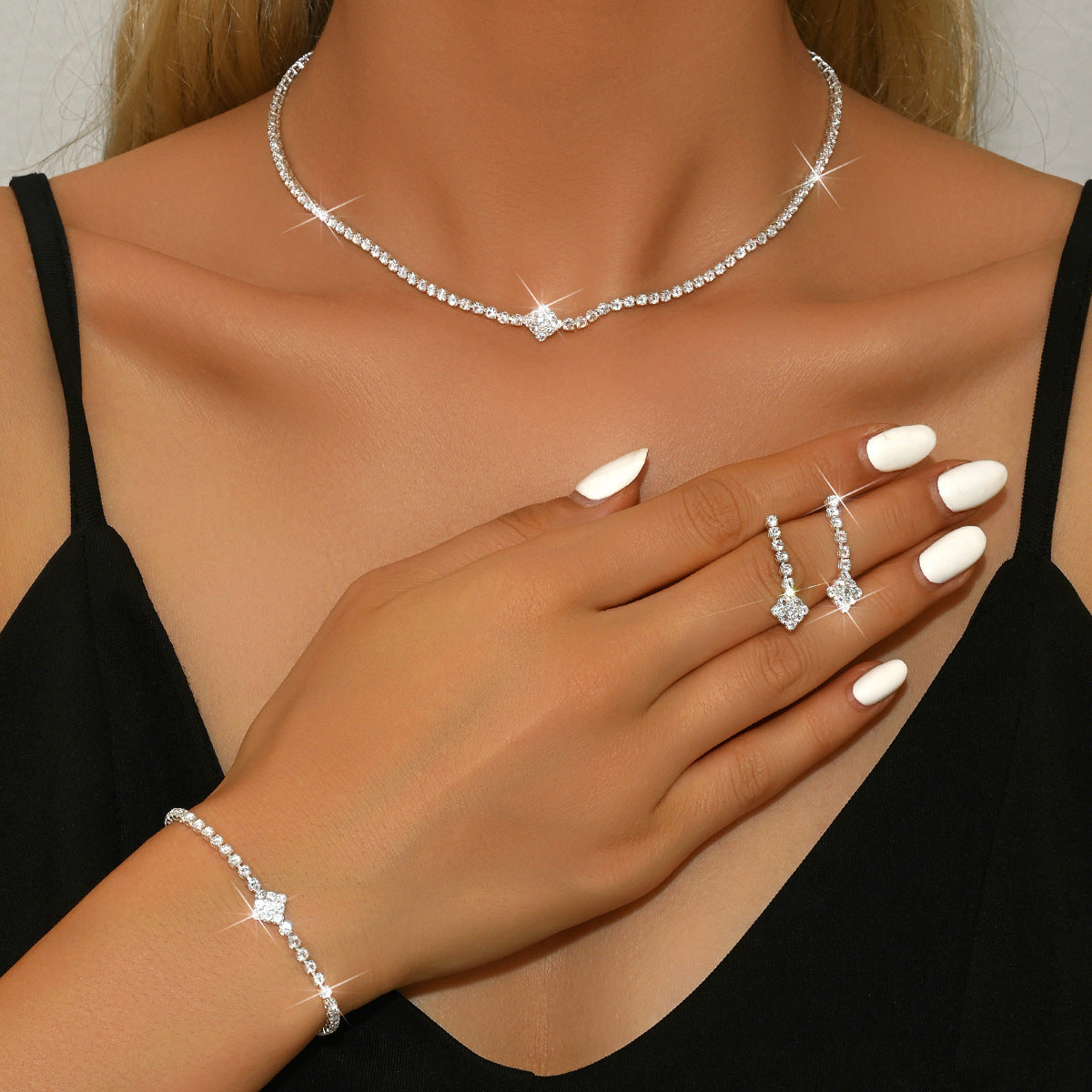 Refined Simple Full Diamond Minimalist Three-piece Jewelry Set