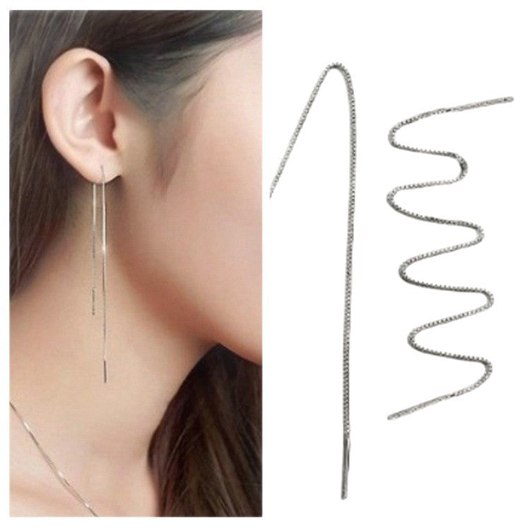 Women's Sterling Sier Ear Line Extra Long Tassel Korean Style Chain Stud Earrings