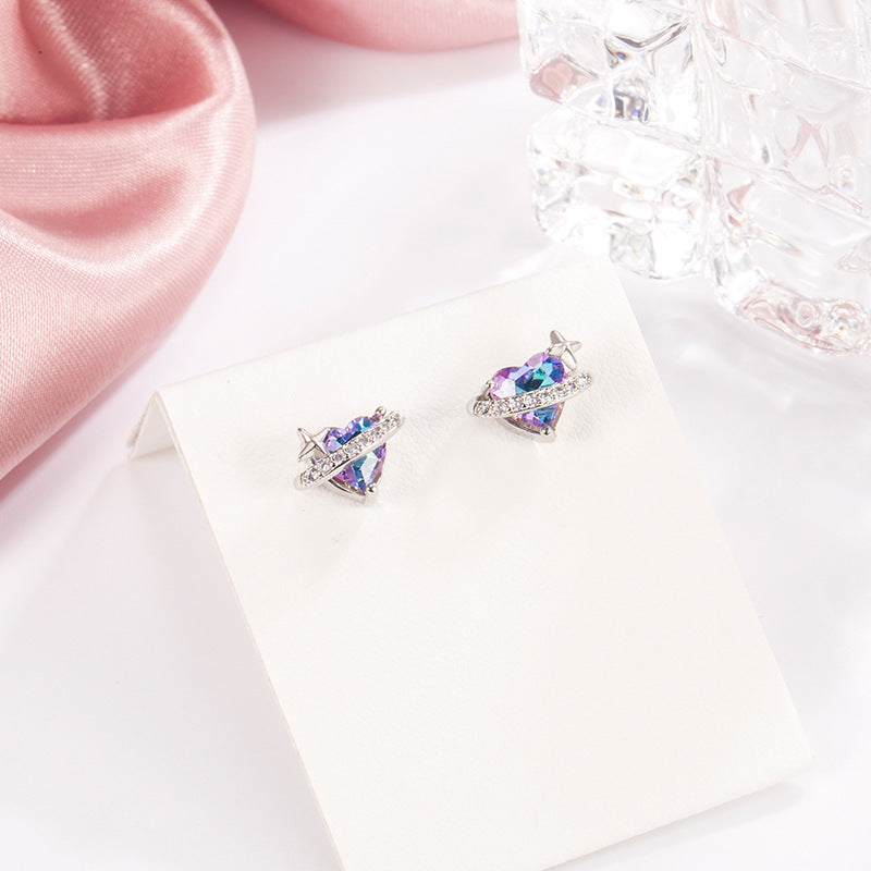 Style Saturn Colored Loving Heart Asymmetric Design Female Sweet Exquisite Stud Earrings