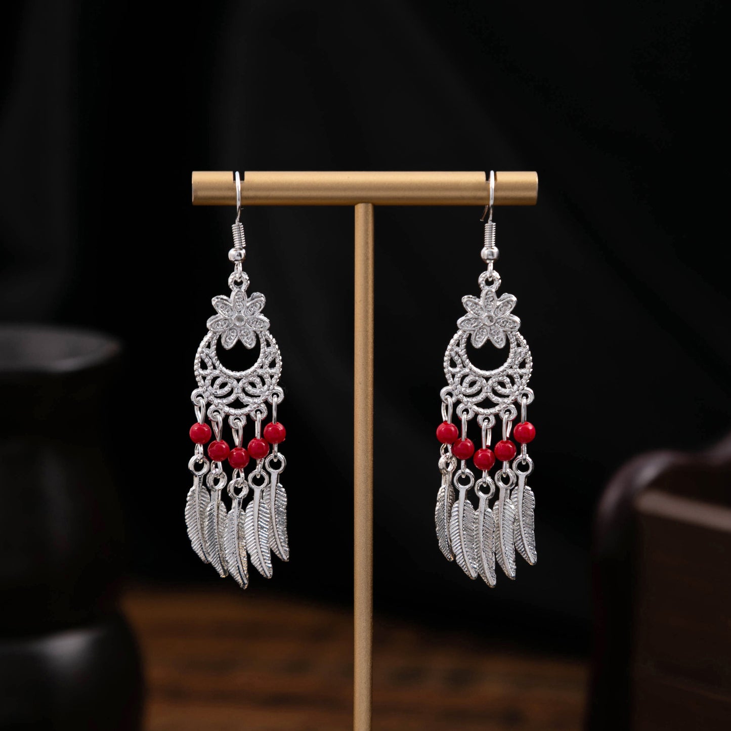 Miao Sier Colorful Long Feather Tassel Rings