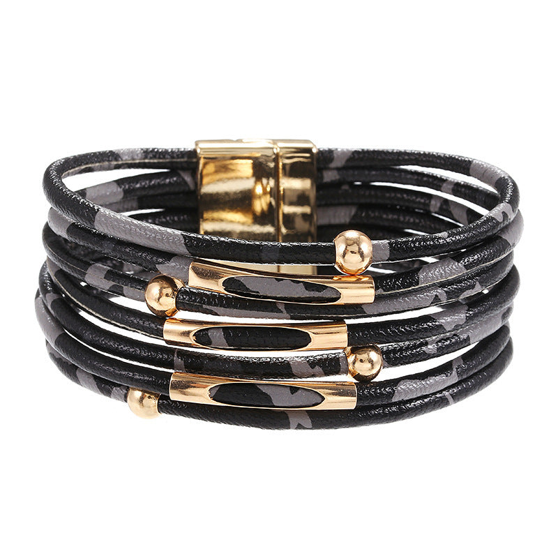 Print Magnetic Buckle Leather String Beads Rope Bracelets