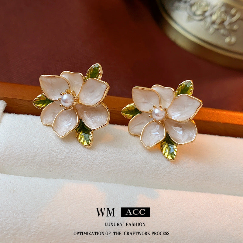 Sier Needle Drop Oil Flower Pearl French Artistic Retro Rings