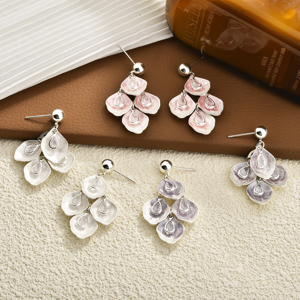 Petal Fringe Zircon Ear Fresh Sweet Mori Fairy Style Earrings