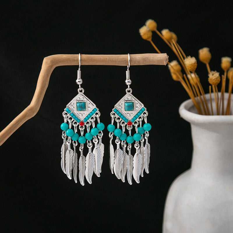 Miao Sier Colorful Long Feather Tassel Rings