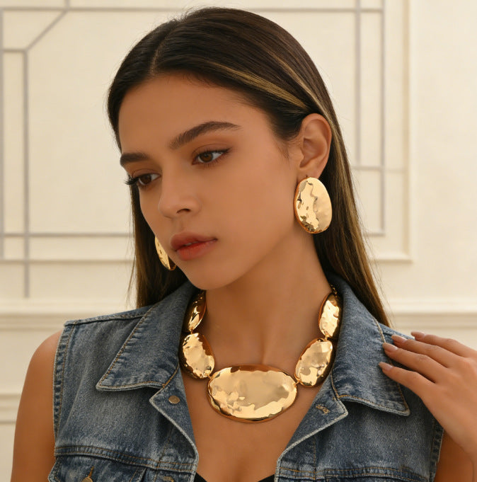 Irregular Oval Metal Glossy Geometric Pattern Cover Jewelry Set