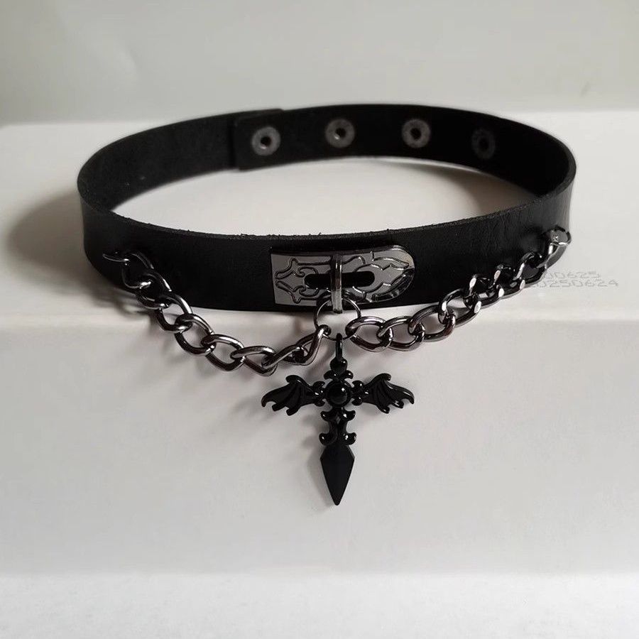 Style Leather Collar Wine Red Cross Clavicle Pendants