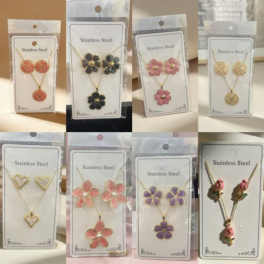 Flower Water Drops Glaze Personality Stainless Jewelry Set